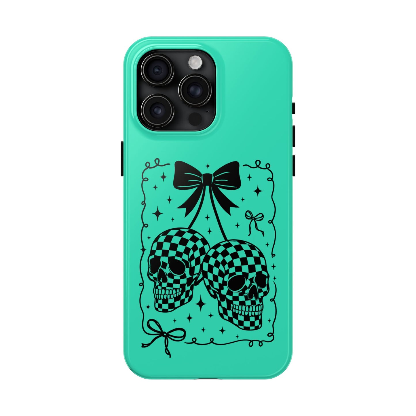 Skull Bow Tough Phone Case — Checkerboard Skulls on Teal