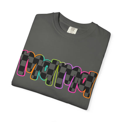 Checkerboard Pop Graphic T-Shirt — Colorful Retro Text Design