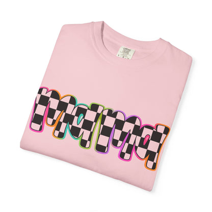 Checkerboard Pop Graphic T-Shirt — Colorful Retro Text Design