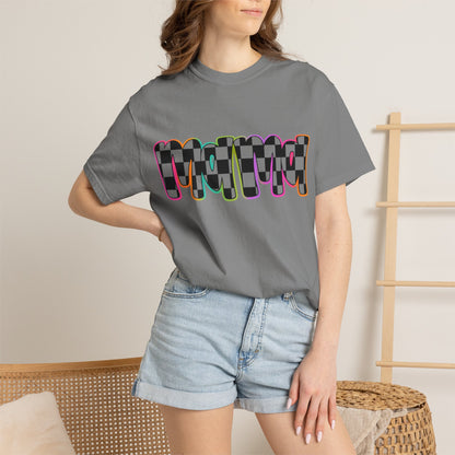 Checkerboard Pop Graphic T-Shirt — Colorful Retro Text Design