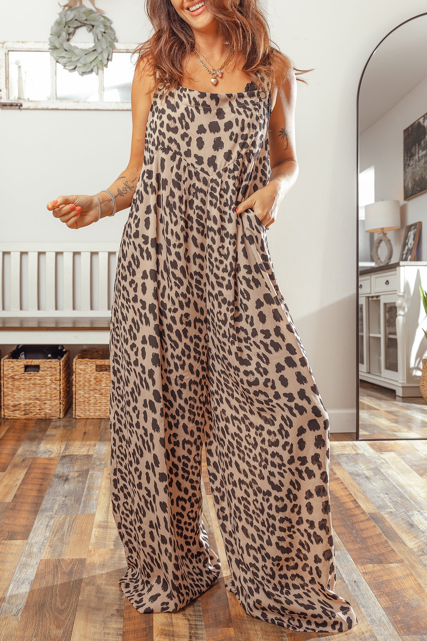 Khaki Leopard Print Square Neck Pleated Wide Leg Jumpsuit