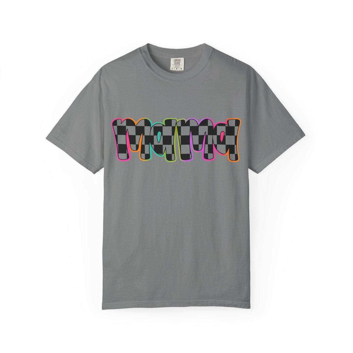 Checkerboard Pop Graphic T-Shirt — Colorful Retro Text Design