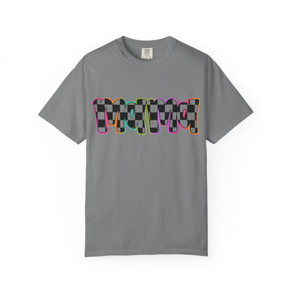 Checkerboard Pop Graphic T-Shirt — Colorful Retro Text Design