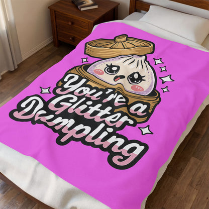 Velveteen Plush Blanket — "You're a Glitter Dumpling" Cute Kawaii Dumpling Throw Blanket | Soft Pink Cozy Gift for Kids & Foodie Friends
