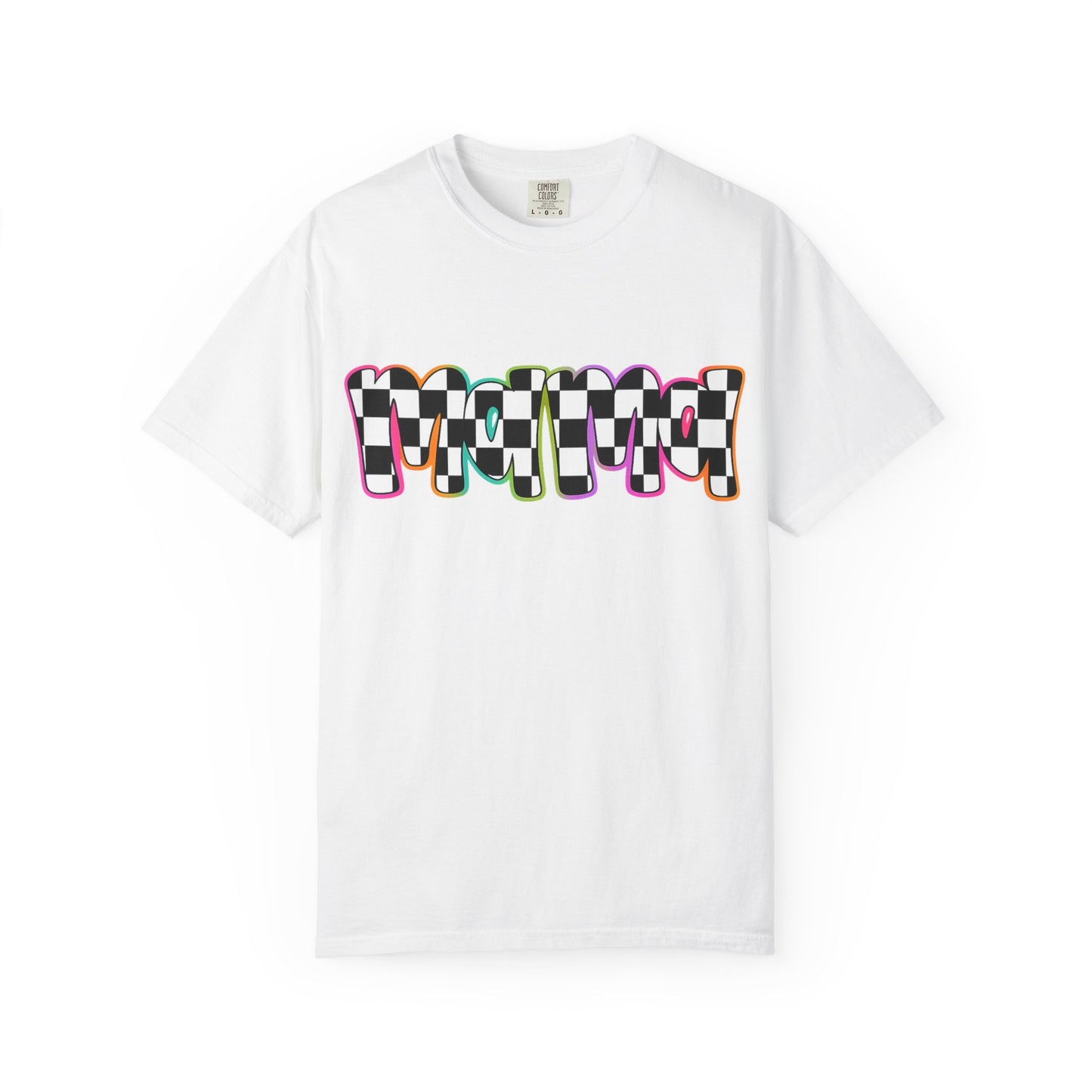 Checkerboard Pop Graphic T-Shirt — Colorful Retro Text Design