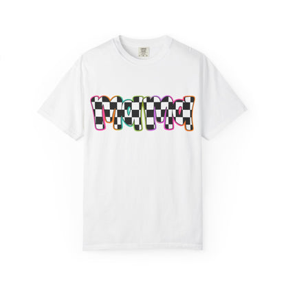 Checkerboard Pop Graphic T-Shirt — Colorful Retro Text Design