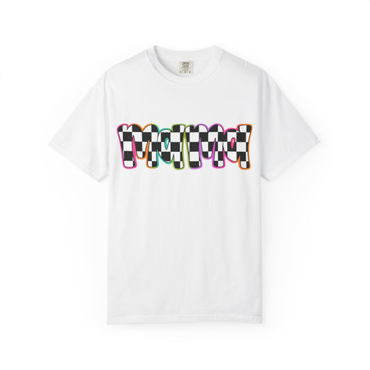 Checkerboard Pop Graphic T-Shirt — Colorful Retro Text Design
