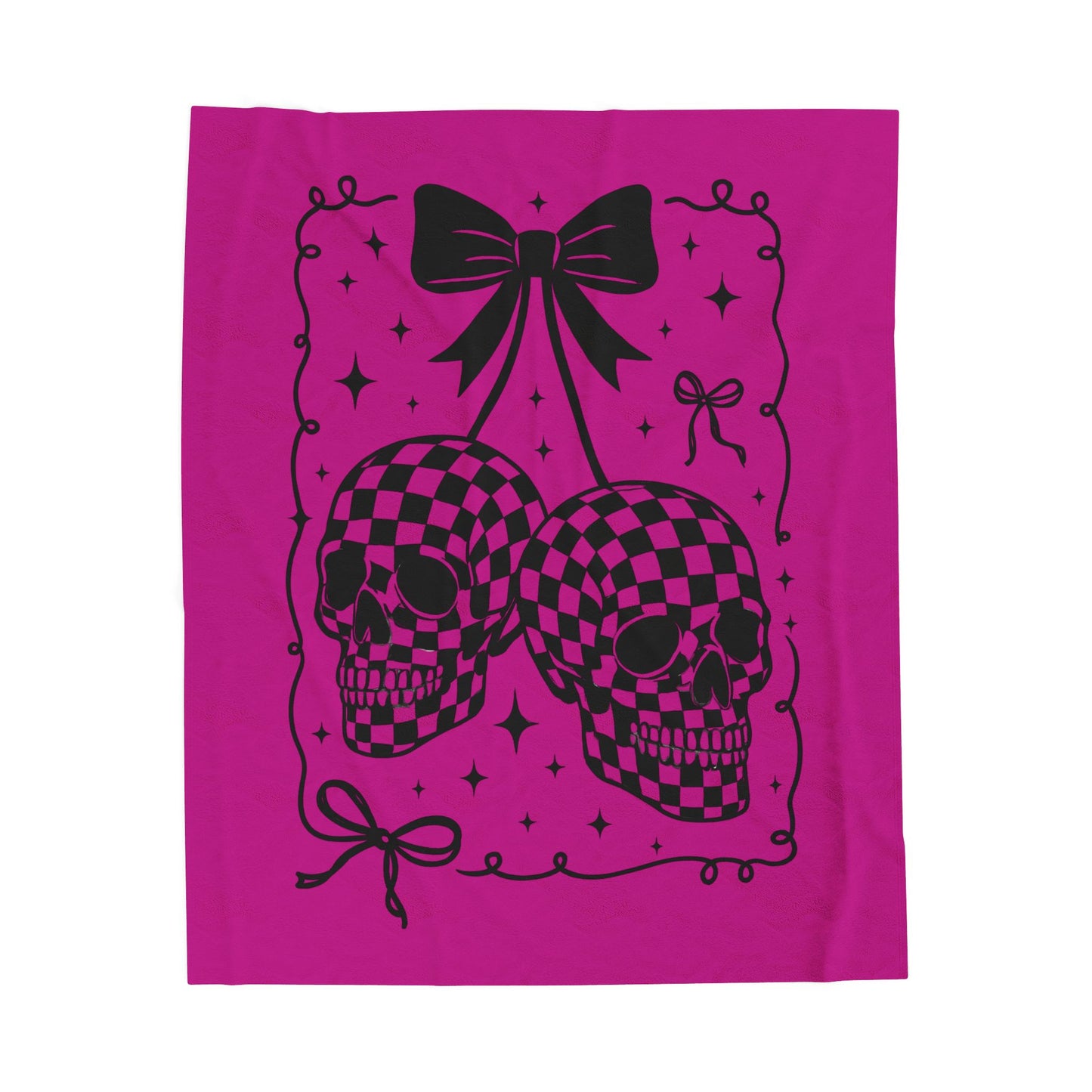 Velveteen Plush Blanket — Pink Checker Skull Bow Throw