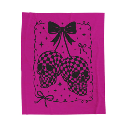 Velveteen Plush Blanket — Pink Checker Skull Bow Throw