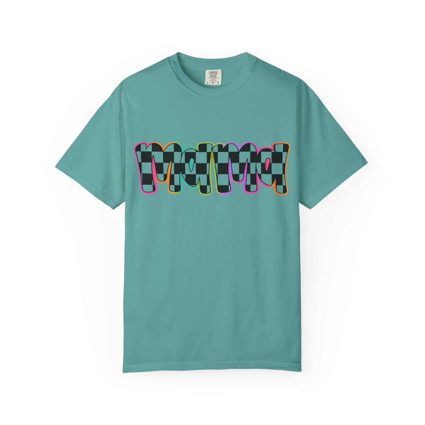 Checkerboard Pop Graphic T-Shirt — Colorful Retro Text Design