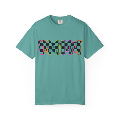 Checkerboard Pop Graphic T-Shirt — Colorful Retro Text Design