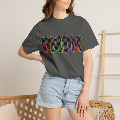 Checkerboard Pop Graphic T-Shirt — Colorful Retro Text Design