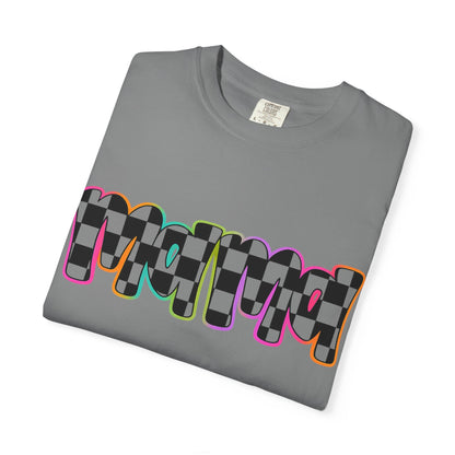 Checkerboard Pop Graphic T-Shirt — Colorful Retro Text Design