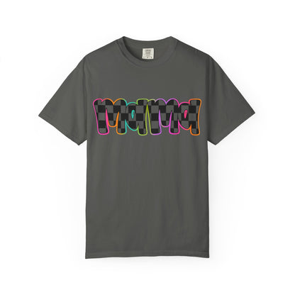 Checkerboard Pop Graphic T-Shirt — Colorful Retro Text Design
