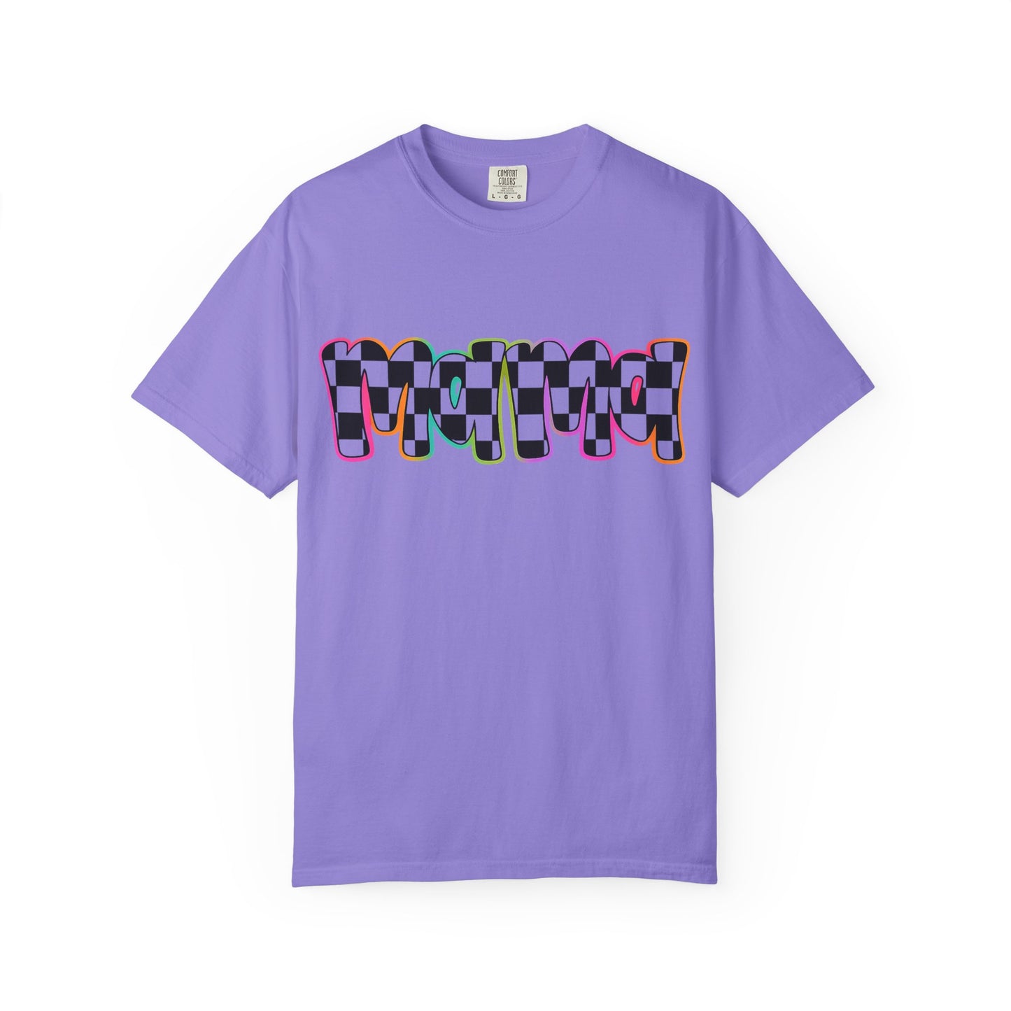 Checkerboard Pop Graphic T-Shirt — Colorful Retro Text Design