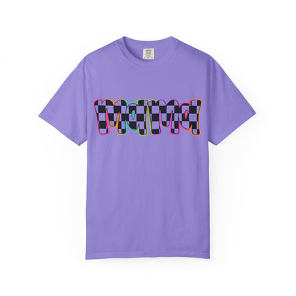 Checkerboard Pop Graphic T-Shirt — Colorful Retro Text Design