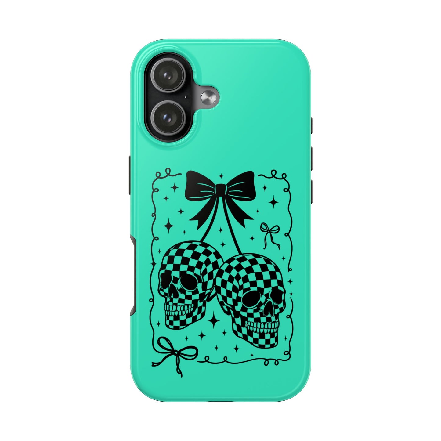 Skull Bow Tough Phone Case — Checkerboard Skulls on Teal