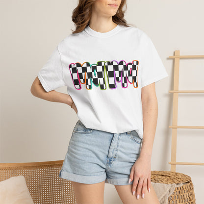 Checkerboard Pop Graphic T-Shirt — Colorful Retro Text Design