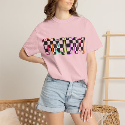 Checkerboard Pop Graphic T-Shirt — Colorful Retro Text Design