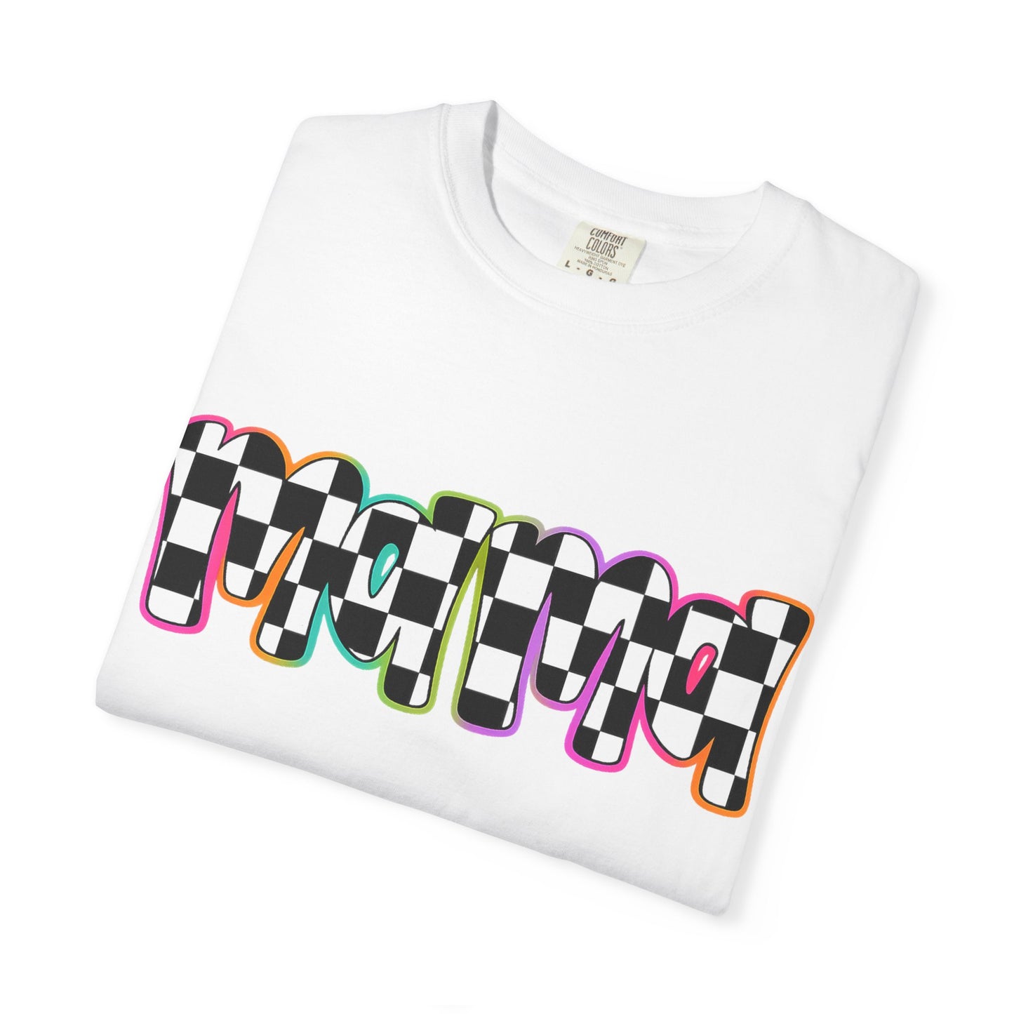 Checkerboard Pop Graphic T-Shirt — Colorful Retro Text Design