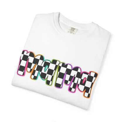 Checkerboard Pop Graphic T-Shirt — Colorful Retro Text Design