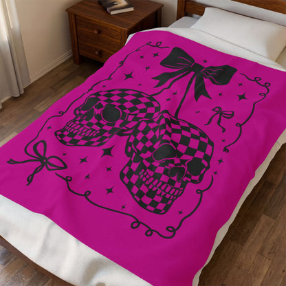 Velveteen Plush Blanket — Pink Checker Skull Bow Throw