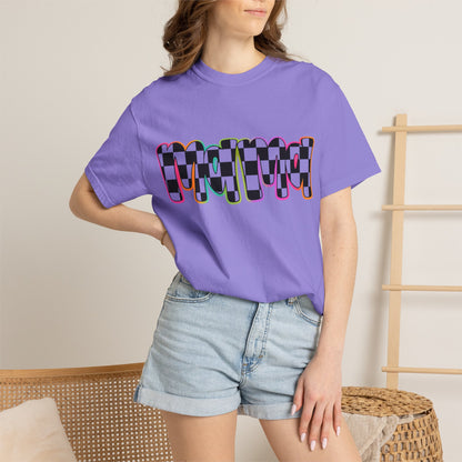 Checkerboard Pop Graphic T-Shirt — Colorful Retro Text Design