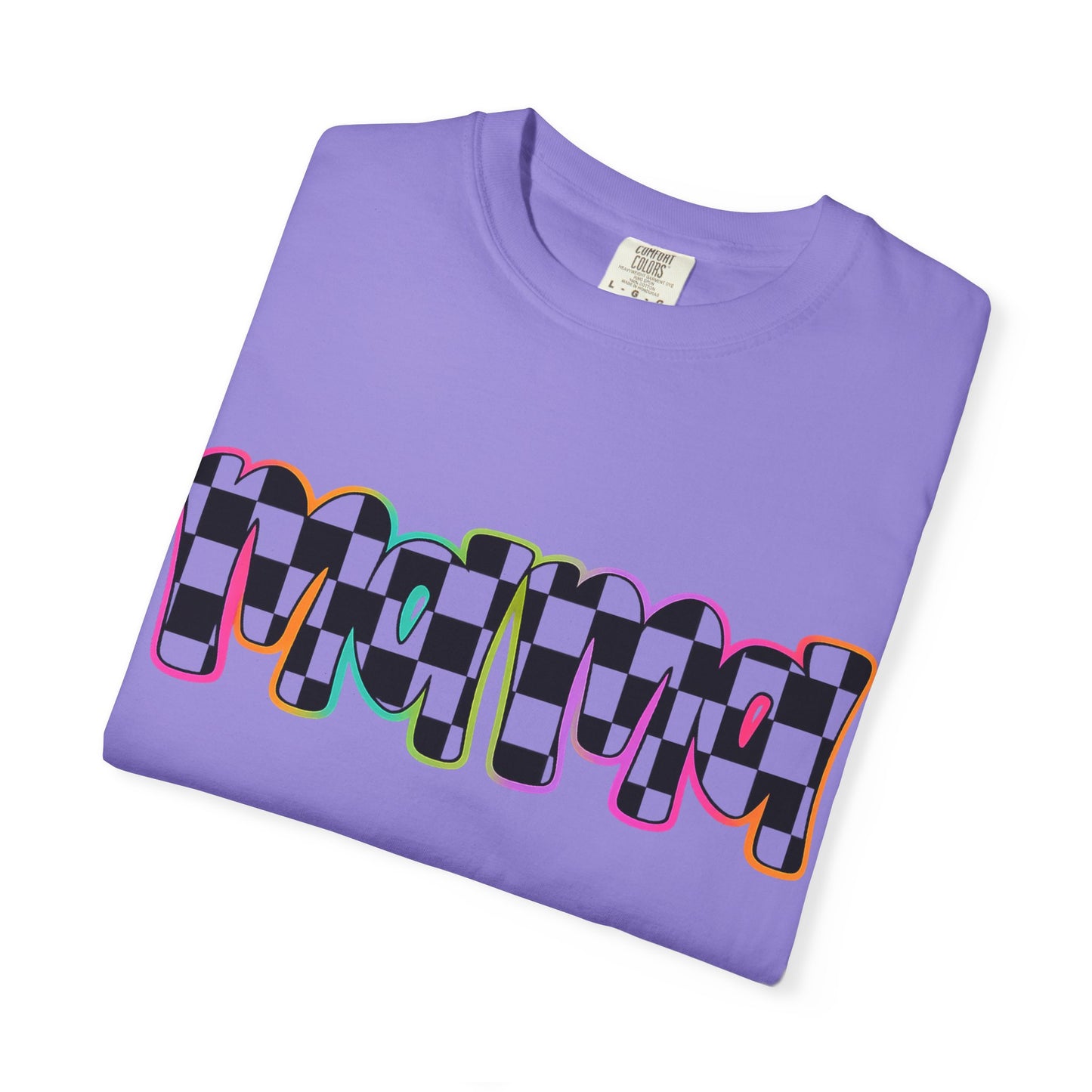 Checkerboard Pop Graphic T-Shirt — Colorful Retro Text Design