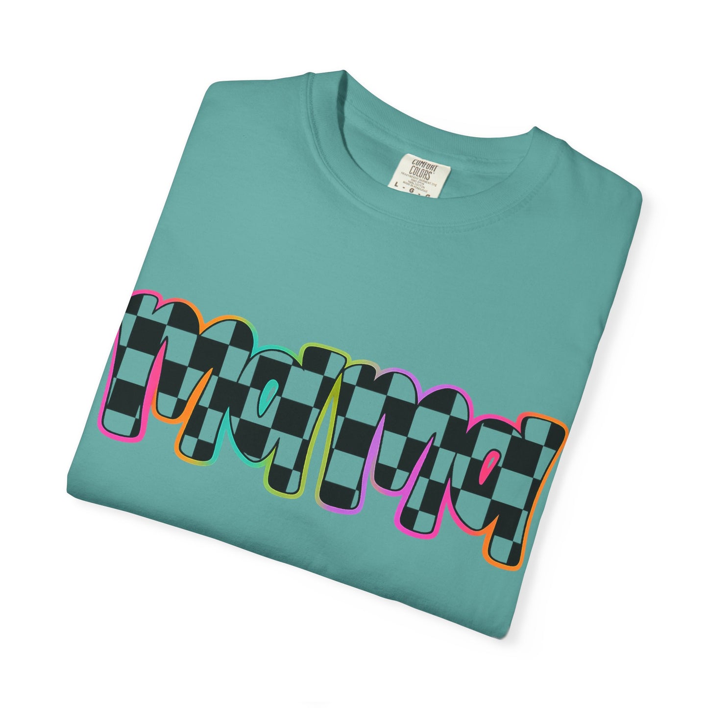 Checkerboard Pop Graphic T-Shirt — Colorful Retro Text Design