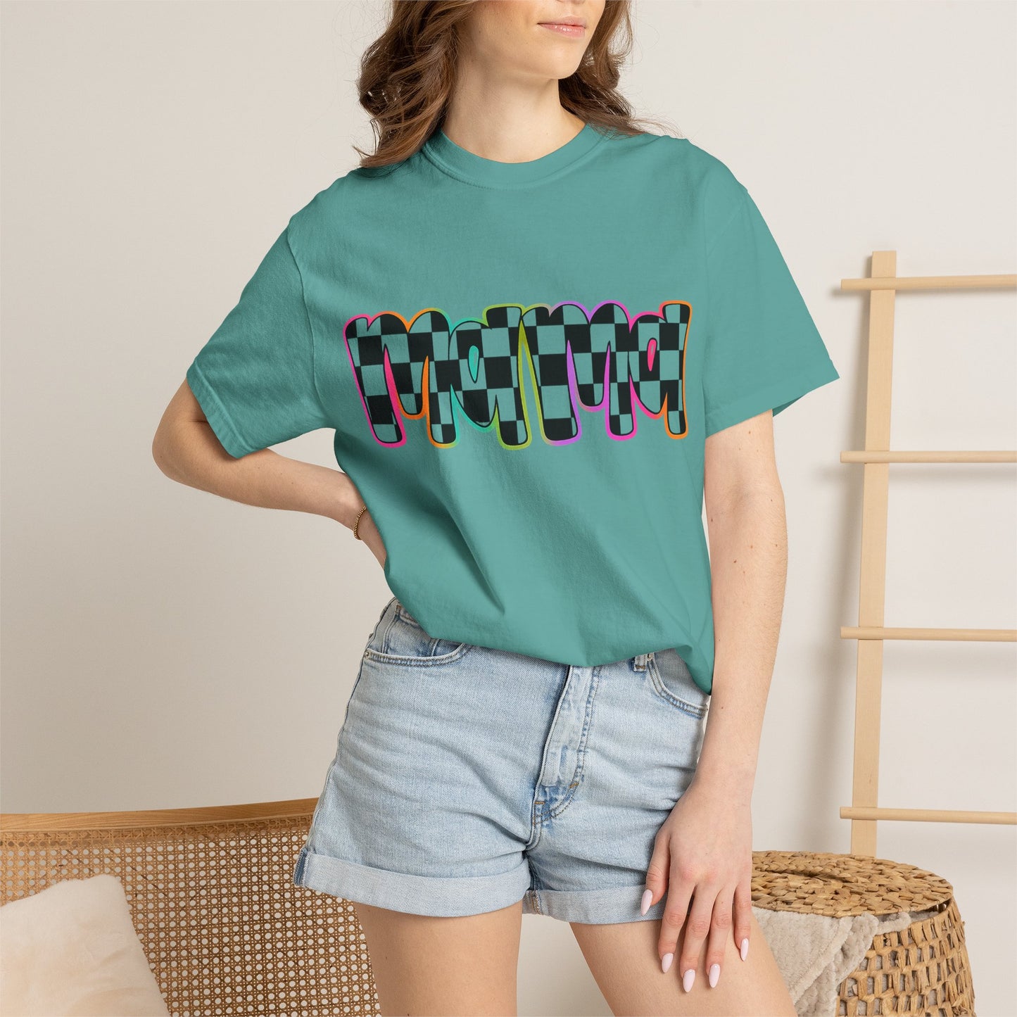 Checkerboard Pop Graphic T-Shirt — Colorful Retro Text Design