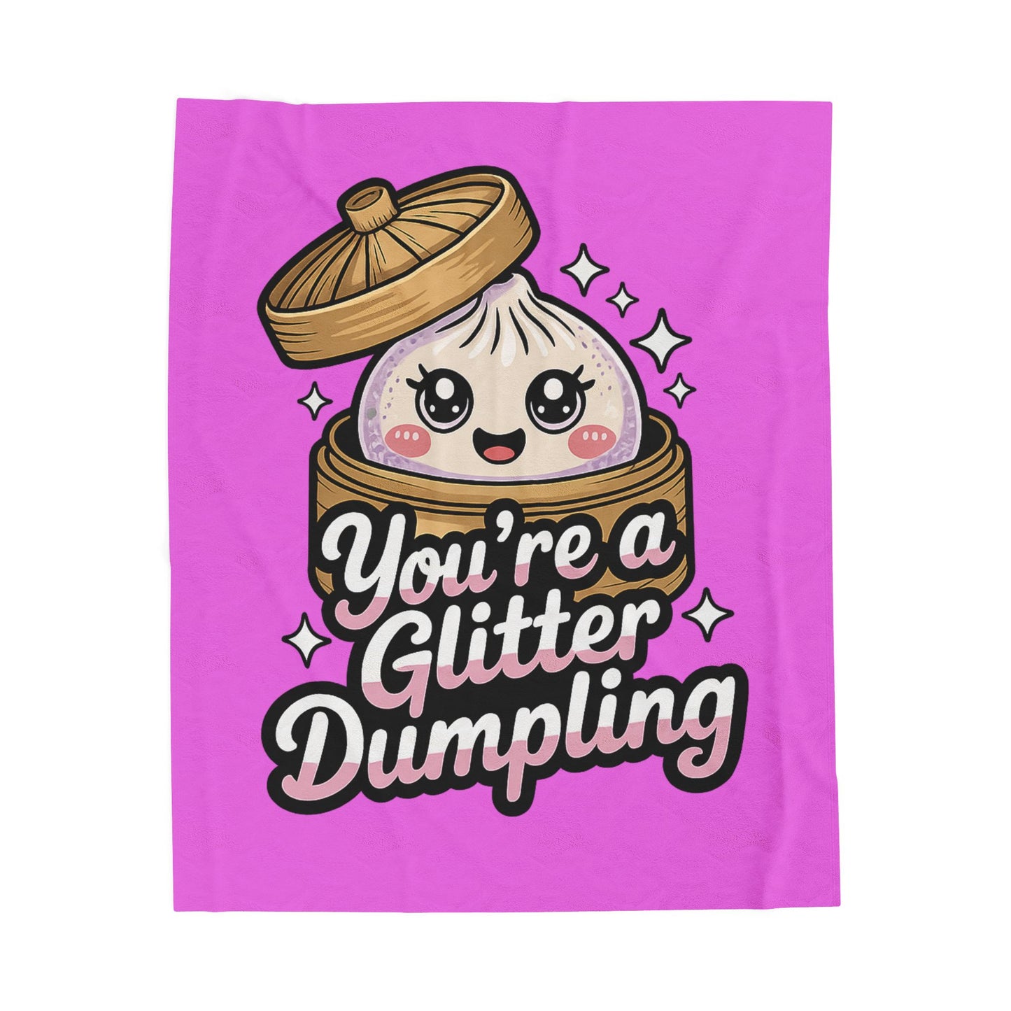 Velveteen Plush Blanket — "You're a Glitter Dumpling" Cute Kawaii Dumpling Throw Blanket | Soft Pink Cozy Gift for Kids & Foodie Friends