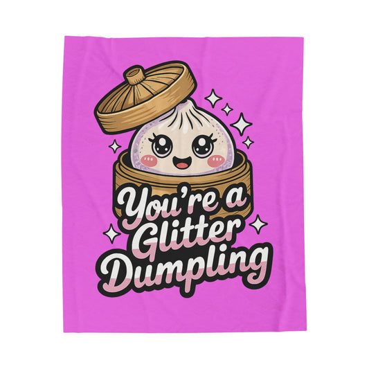Velveteen Plush Blanket — "You're a Glitter Dumpling" Cute Kawaii Dumpling Throw Blanket | Soft Pink Cozy Gift for Kids & Foodie Friends