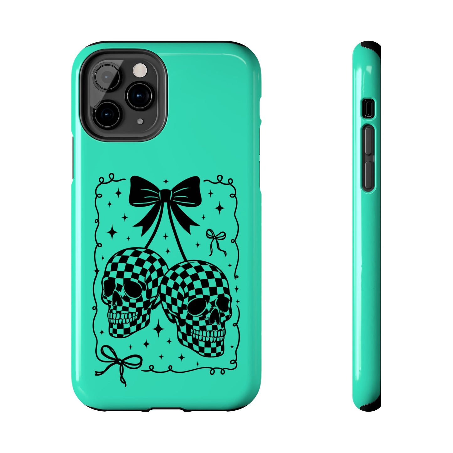 Skull Bow Tough Phone Case — Checkerboard Skulls on Teal