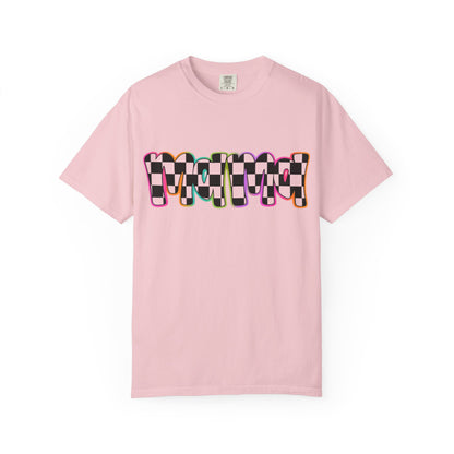 Checkerboard Pop Graphic T-Shirt — Colorful Retro Text Design